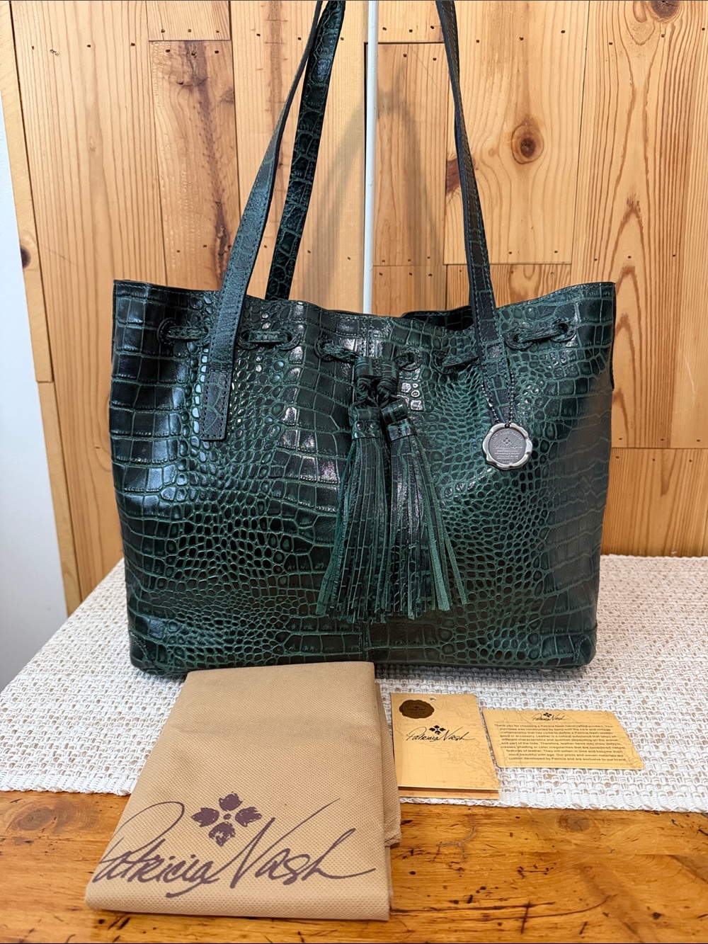 Patrica Nash 10th AnnWitney Dark Green Croc-Embossed Leather Tote Bag w/Tassels